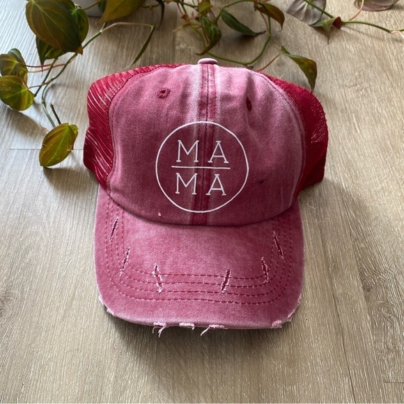 MAMA Trucker Hat high Ponytail Baseball Hat Wine Red Distressed Vintage Wash - Picture 2 of 6